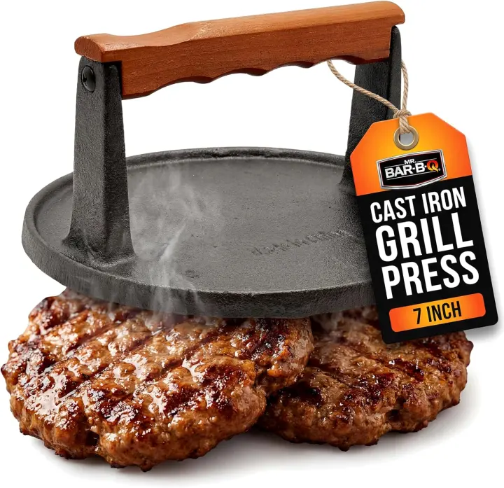 Mr. Bar-B-Q 7-Inch Cast Iron Grill Press — Pre-Seasoned Cooking Press